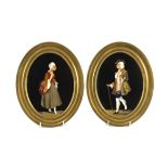A pair of Italian Pietra Dura plaques of an elegant lady and gentleman, housed in oval bronze