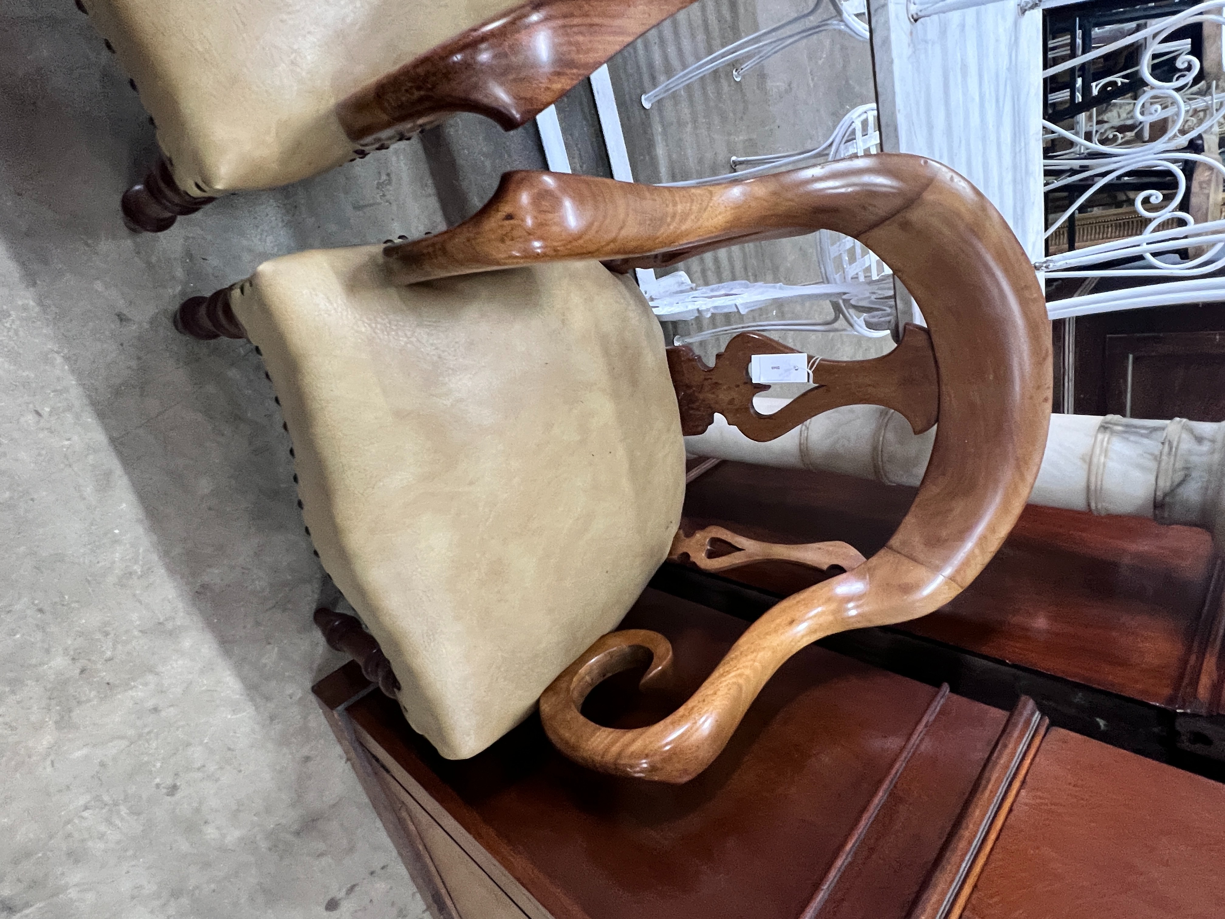 A pair of Victorian walnut elbow chairs with light brown leather seats, width 59cm, depth 51cm, - Image 4 of 4