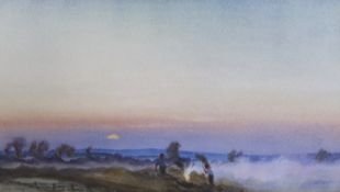 George Murray, watercolour, Figures burning hay at sunset, signed, 20 x 34cm