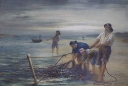 English School, c.1900, watercolour, Fishermen hauling nets, indistinctly signed, 50 x 72 cm.