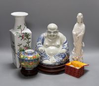 A Chinese peach vase, Buddha, two hardstone balls and a blanc de chine figure and a bowl and cover