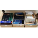 Three boxes of stamps in albums, GB Channel Islands, Isle of Man, mint stamps and FDC’s,