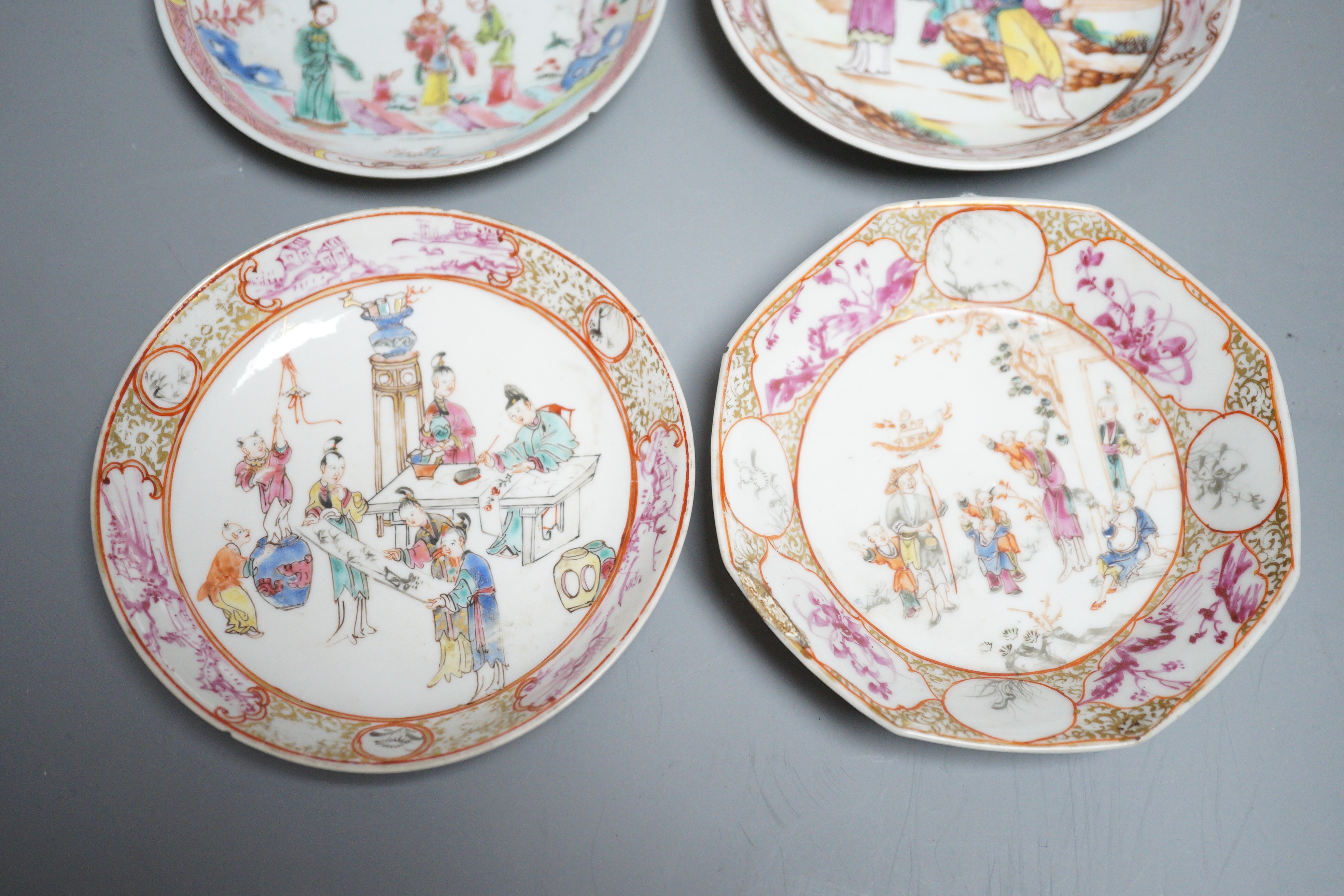 A group of four 18th century Chinese export famille rose saucers, - Bild 2 aus 4