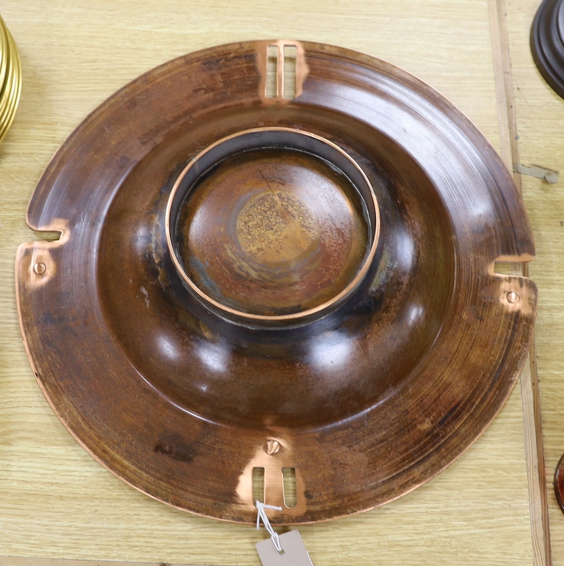 Sam Fanaroff - A large copper dish on stand, (Sussex Guild, West Ham, Pevensey),45 cms diameter, - Image 2 of 3