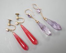 A pair of yellow metal and two facetted amethyst drop earrings, overall 49mm and a pair of 9ct,