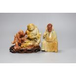 Two Chinese soapstone figures one wood stand,,widest 13 cms,