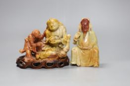 Two Chinese soapstone figures one wood stand,,widest 13 cms,