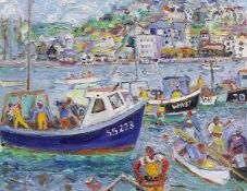 Linda Weir (1951-), oil on canvas, 'Men Coming Home, St Ives Harbour', signed and dated '08, 36 x 46