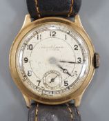A gentleman's mid 20th century 9ct gold Cyma manual wind wrist watch, retailed by Collingwood, on