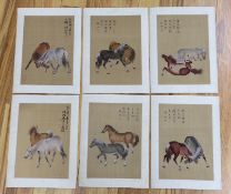 Chinese School, early 20th century, album of 6 paintings on silk of horses, 29 x 21cm