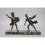 A pair of early 20th century bronze classical warriors, marble bases,tallest 21 cms high,