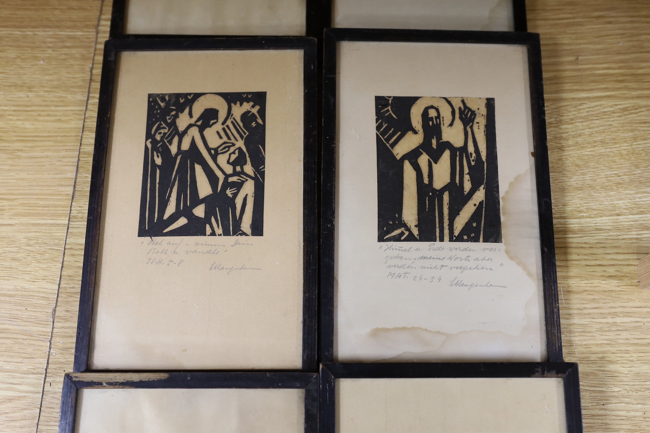 A group of six German woodblock prints, titled biblical scenes, frames 24 x 15cm - Image 3 of 4