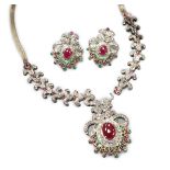 An Indian white and yellow metal, diamond, ruby and gem set necklace, 46cm and pair of matching