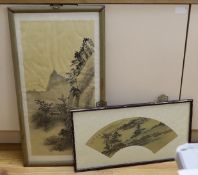 A Chinese fan leaf painting on silk and a similar painting on silk, largest 65x33cm