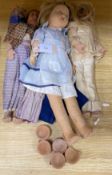 A Farnell’s Alpha Toys felt doll, 46cm, three Mexican souvenir cloth dolls and various clay toy