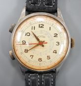A gentleman's mid 20th century stainless steel Mentor chronograph wrist watch, on associated leather