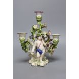 An 18th century English porcelain 3 branch candelabrum, probably Bow,23cms high,