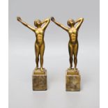 Two early 20th century bronze figures of nude women on marble bases, 21cm