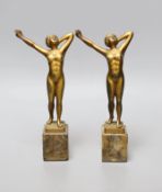 Two early 20th century bronze figures of nude women on marble bases, 21cm