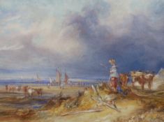 19th century English School Cattle herders overlooking fisherfolk on the seashorewatercolour22 x