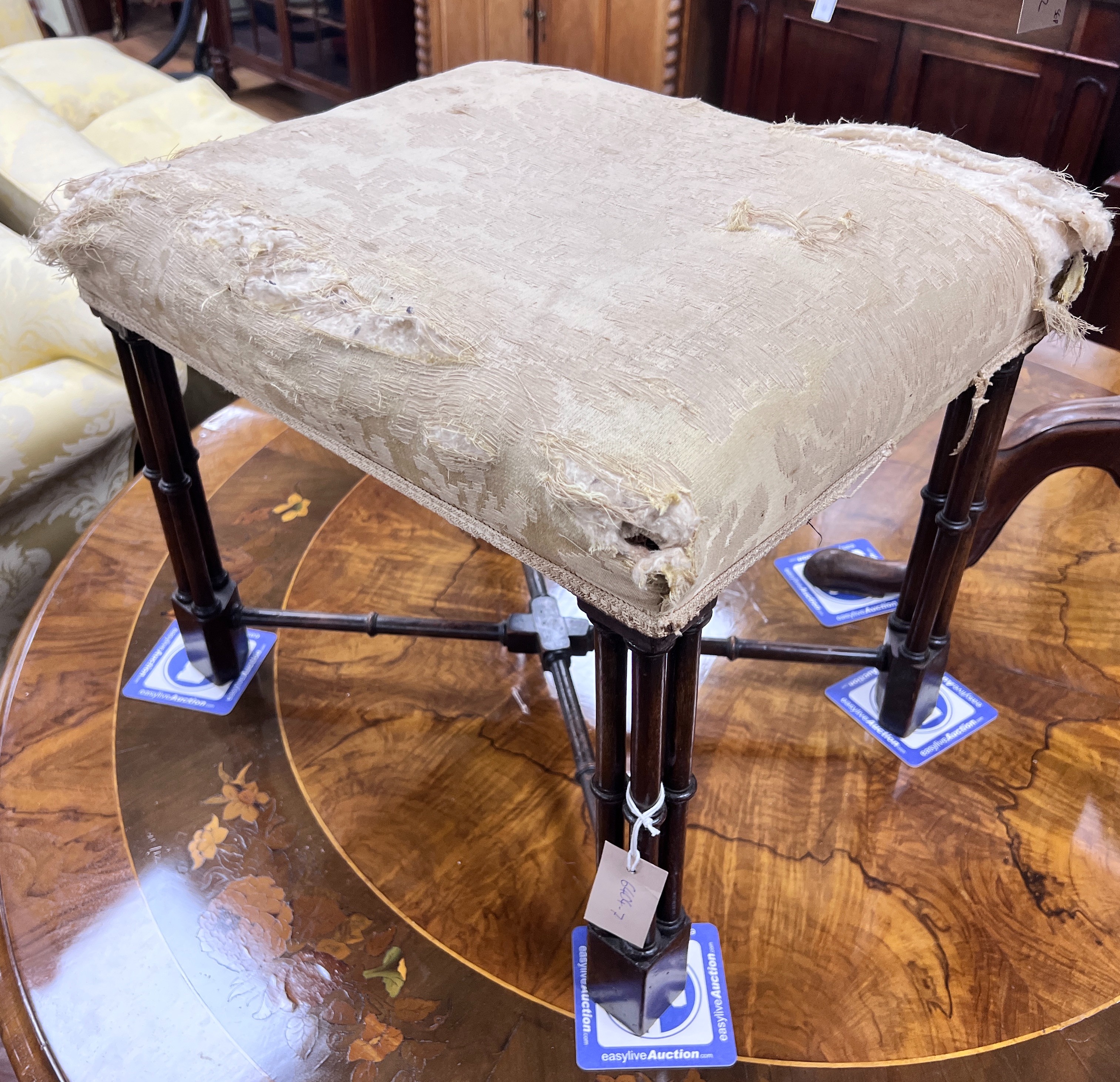 A George III style rectangular mahogany dressing stool with cluster column leg, width 48cm, depth