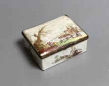 An 18th century German enamel on copper snuff box,8.5 cms wide x x7cms,