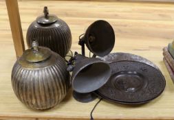 Two pairs of lamps and three metalwork chargers,largest charger 46 cms diameter,