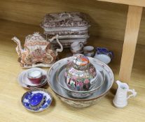 A group of Chinese porcelain, an enamel brush and two Victorian tureens and covers, a teapot etc,