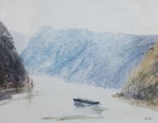 Leslie Worth, Barge on the Rhine, watercolour, signed initials, 9 x 11.5cm