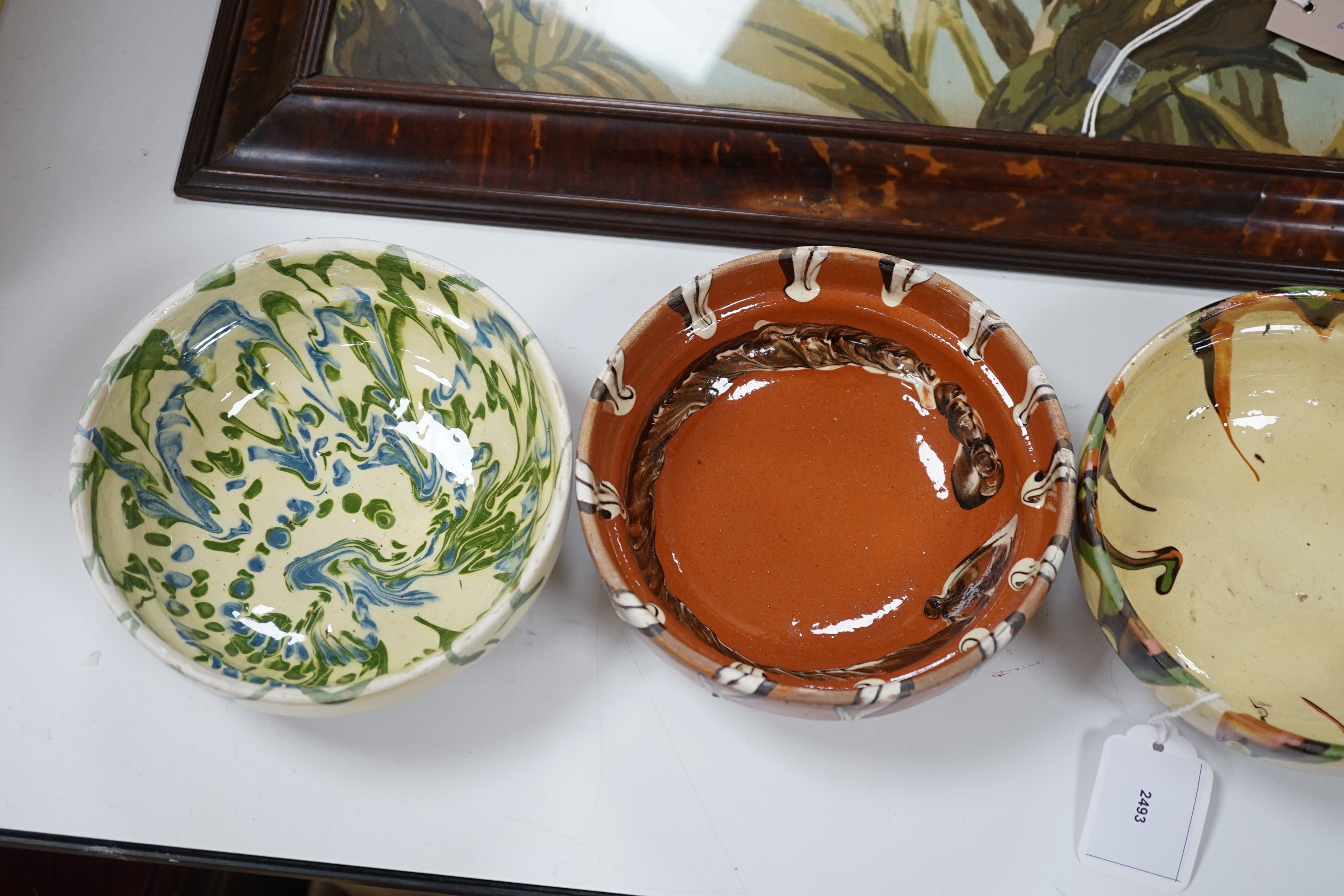 A group of six continental pottery slip decorated bowls,16 cms diameter, - Image 2 of 4