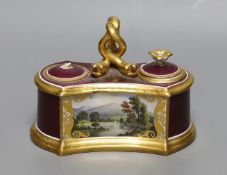A Flight Barr and Barr ink stand painted with ‘Scene on the banks of Keswick Lake, the handle with