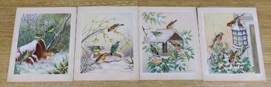 Ella Bruce, (20th century British), four watercolours on card, garden birds, signed, unframed, 23