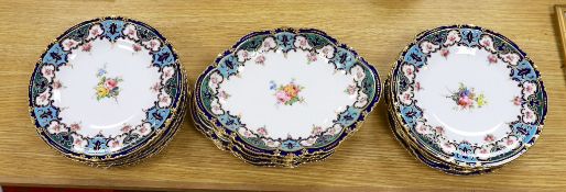 A Royal Crown Derby fifteen piece porcelain floral and gilt dessert service, c.1900