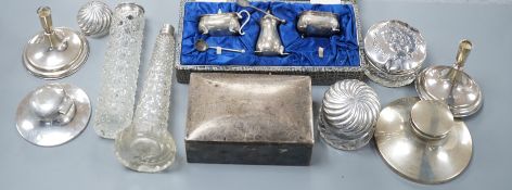 Assorted silver items including a cigarette box, a cased silver condiment set, two capstan inkwells,