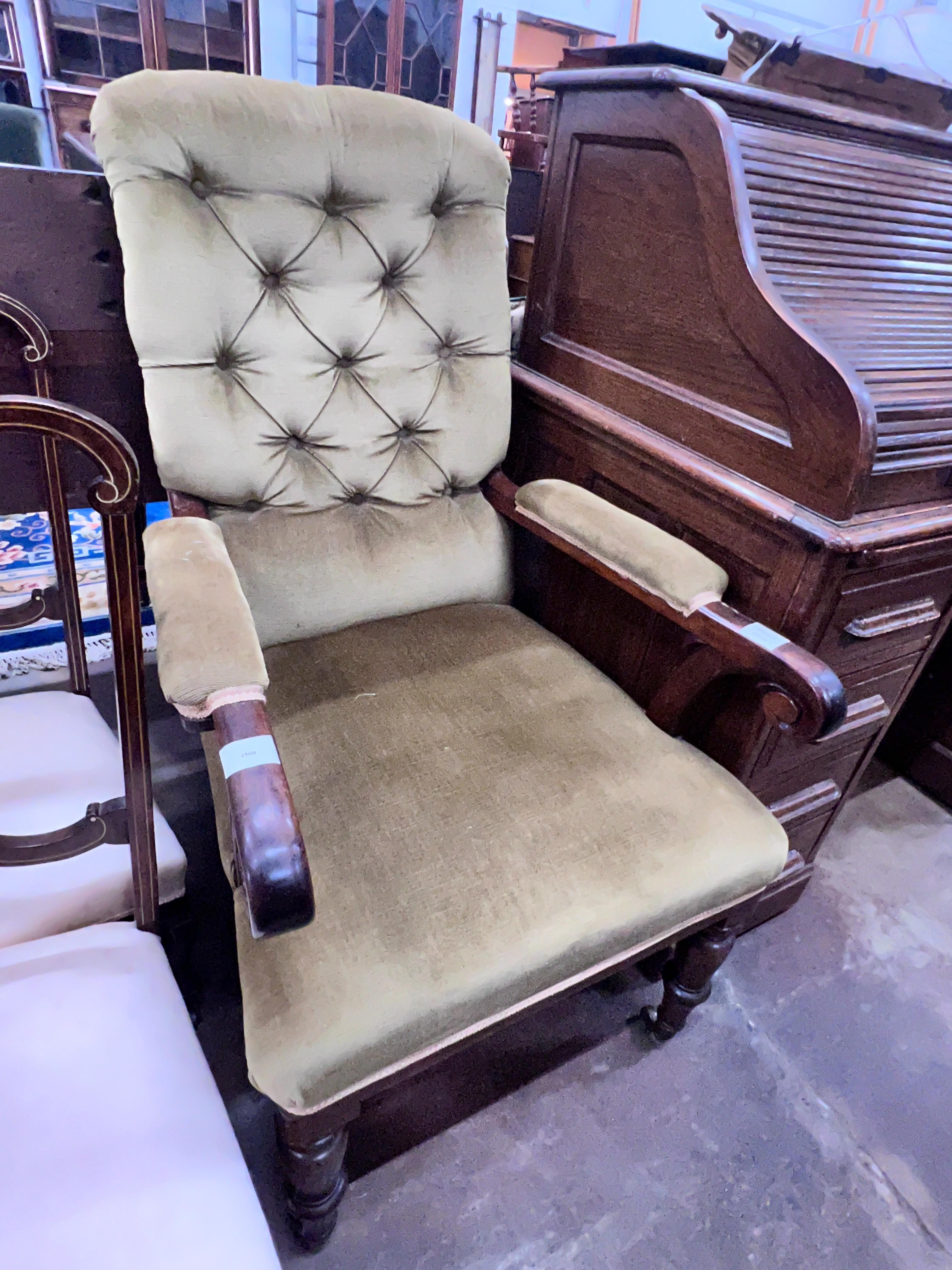 An early Victorian mahogany upholstered open armchair, width 60cm, depth 74cm, height 104cm