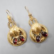 A pair of 375 yellow metal, cabochon garnet paste? and seed pearl set drop earrings, 32mm, gross