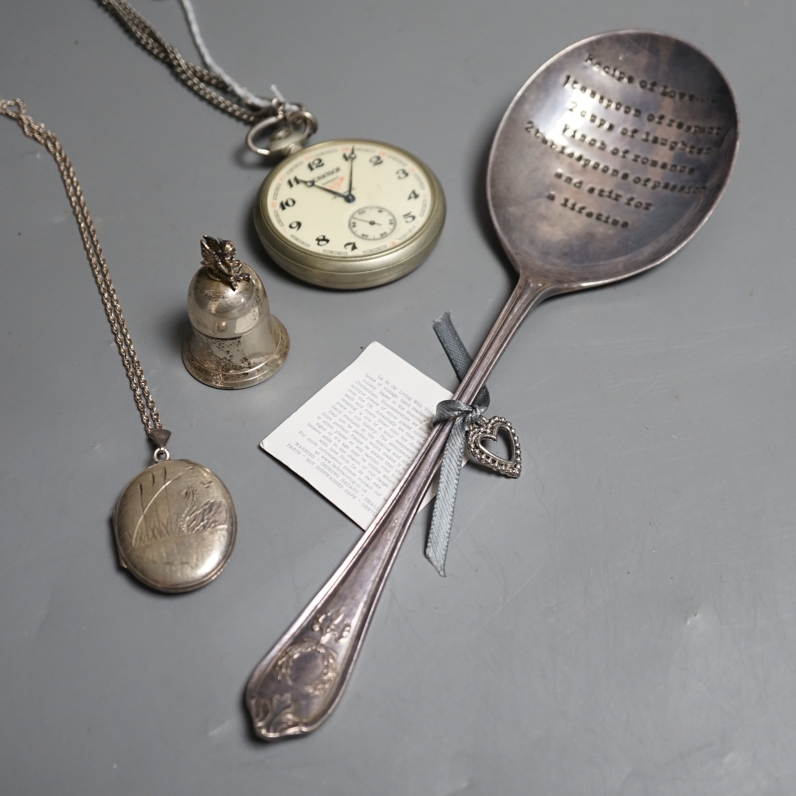 A Serkisof (Russian) pocket watch, two small silver items and a plated Recipe of Love spoon