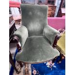 An early 20th century gilt metal mounted upholstered mahogany armchair, width 72cm, depth 74cm,