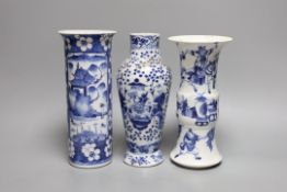 A Chinese blue and white sleeve vase and two other similar vases, late Qing dynastytallest 21 cms