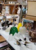 A quantity of lighting including table lamps glass shades and a pair of 1960’s wall lights,