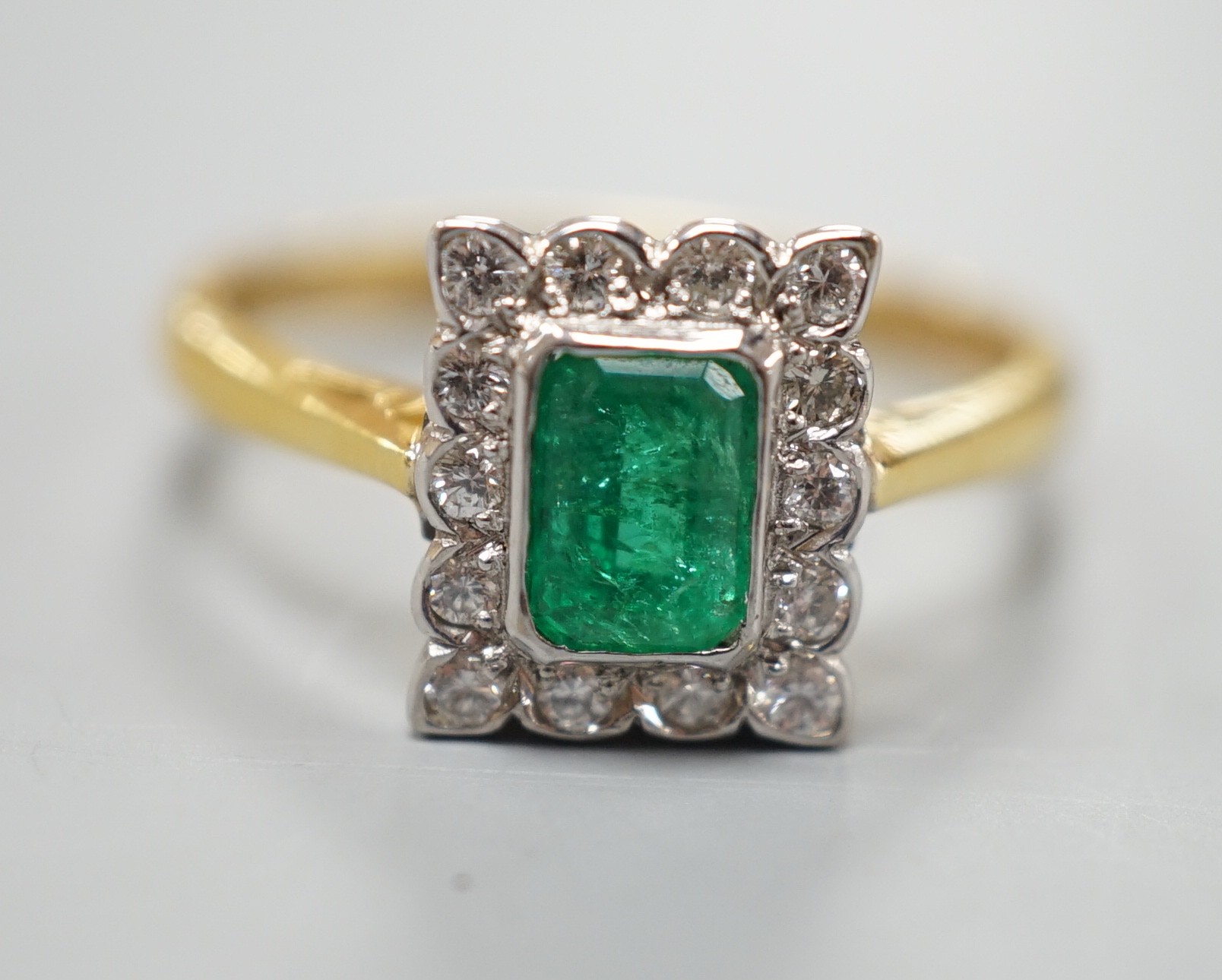A modern 18ct gold, emerald and diamond set rectangular cluster ring, size N, gross weight 3.4 - Image 2 of 4