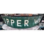 A vintage green and white enamelled railway platform sign for Upper Warlingham, in two sections,