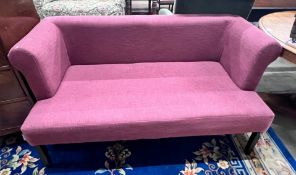 A contemporary Ambience settee upholstered in a plum fabric on square tapered legs, length 150cm,