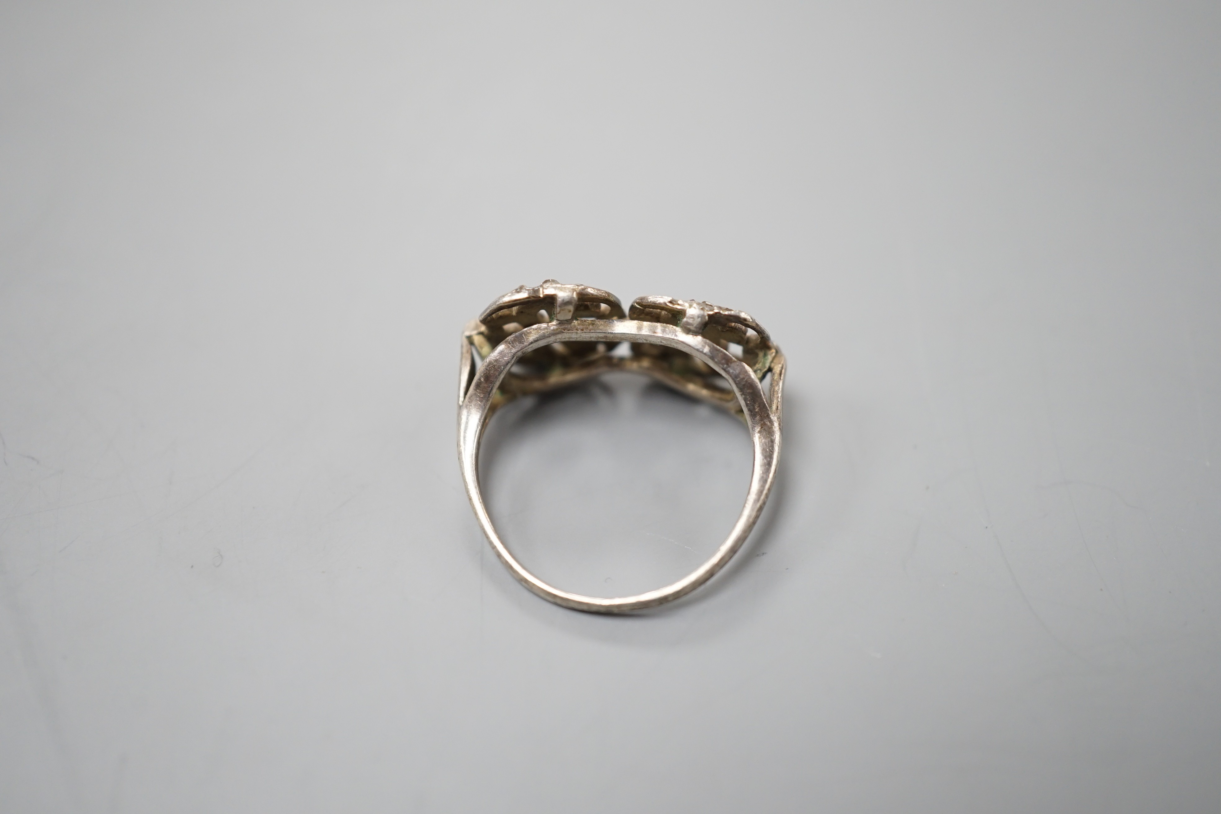 A 19th century white metal and rose cut diamond chip set monogram? ring, size L, gross weight 3 - Image 3 of 3