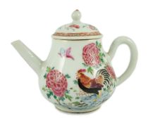 A Chinese famille rose ‘cockerel’ teapot, Yongzheng period,12 cms high, painted with roosters amid