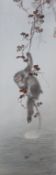 Japanese School, watercolour on paper, monkey hanging on a vine, signed and sealed, 48 x 16cm