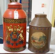 Two large toleware decorated canisters,46 cms high,