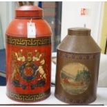 Two large toleware decorated canisters,46 cms high,