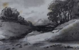 Dr Thomas Munro (1759-1833), charcoal on paper, Tree lined river, 11.5 x 18.5cm