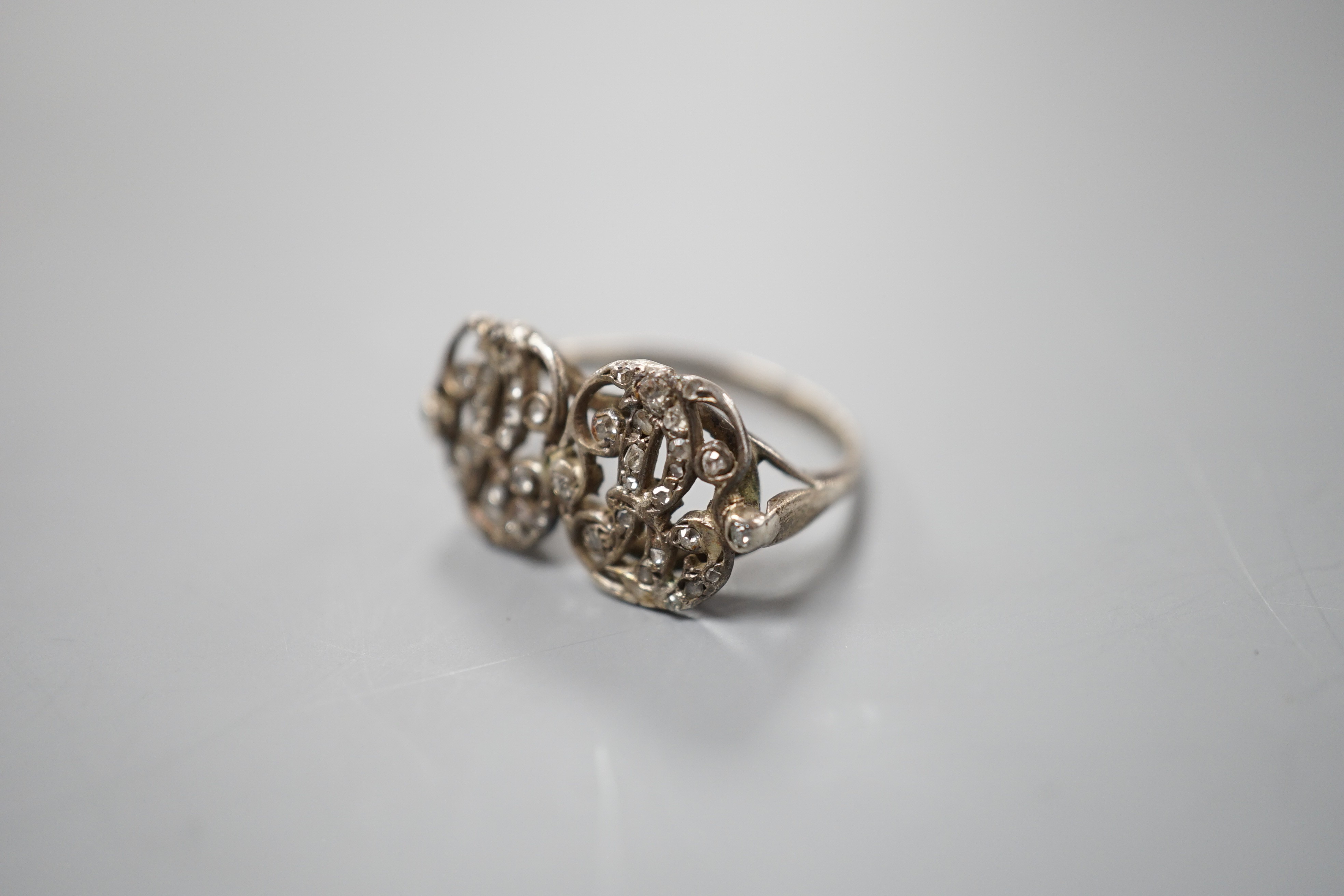 A 19th century white metal and rose cut diamond chip set monogram? ring, size L, gross weight 3 - Image 2 of 3